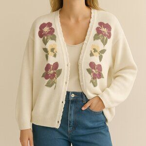 Vintage Floral Knit Cardigan Cream Button Cottagecore Front Size Large